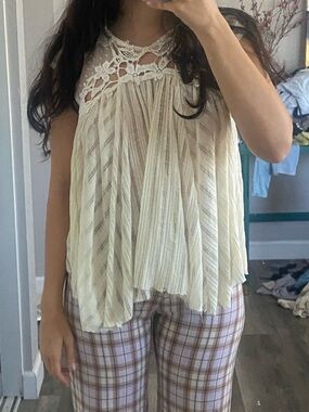 Free People Loose Blouse: Cream Crochet Yoke Pleated Tank
